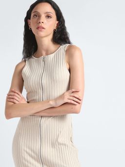 Calvin Klein - Zipper Elongated Rib Beige Color Dress