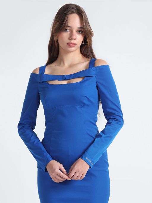 calvin klein blue dress long sleeve Womens Calvin Klein Blue Cotton Knit Long Sleeve Mini Dress S (US 4-6)