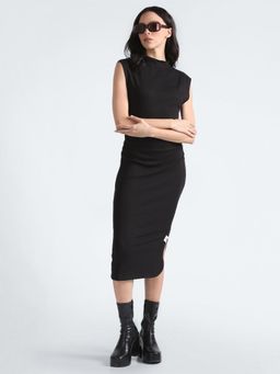 Calvin Klein - Tab Rib Mock Neck Long Black Color Dress