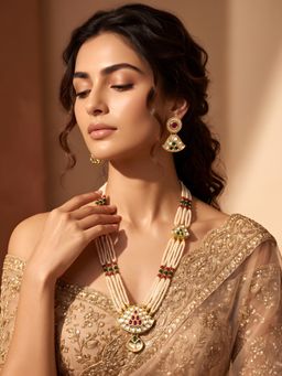 ADIVA - Gold-Plated Kundan Pearl Beaded Layered Jewellery Set