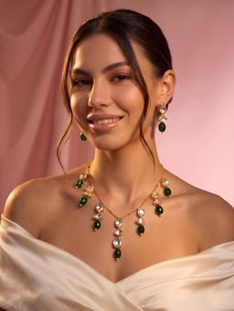 ADIVA - Gold-Plated Green Stone and Kundan Jewellery Set