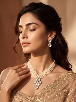 ADIVA - Gold-Plated Kundan White Multi-Strand Beaded Traditional Jewellery Set