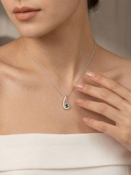 Ornate Jewels - 925 Silver Rhodium Plated Green Emerald and White Elegance Teardrop Necklace for Women