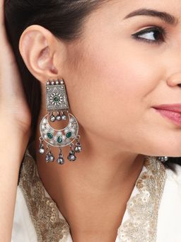 Anvik - Green Oxidized Drop Earrings with Ghungroo