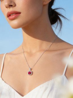 Ornate Jewels - 925 Silver Rhodium Plated Square Red and White Ruby Scarlet Sparkle Necklace for Women