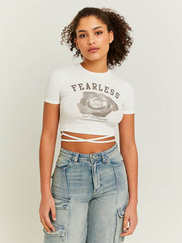 TALLY WEiJL - White Lace Up Printed Crop Top