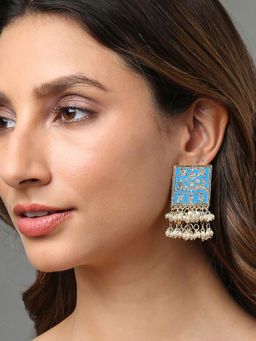 Sohi - Gold Plated Blue White Pearl Beaded Contemporary Laheriya Studs