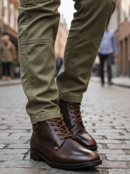 Carlton London - Brown Rugged Leather Lace-Up Boots