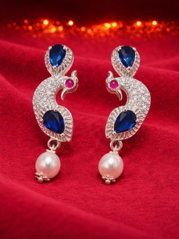 Estele - Rhodium Peacock Blue CZ Drop Earrings