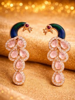 Estele - Pink Mayura CZ Peacock Drop Earrings