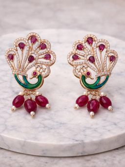 Estele - Rose Gold Peacock Red CZ Beads Earrings