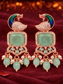 Estele - Rose Gold Peacock Ruby CZ Green Dangle Earrings
