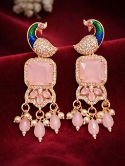Estele - Rose Gold Peacock Mint CZ Pink Dangle Earrings