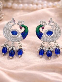 Estele - Rhodium Peacock Blue CZ Stones Earrings