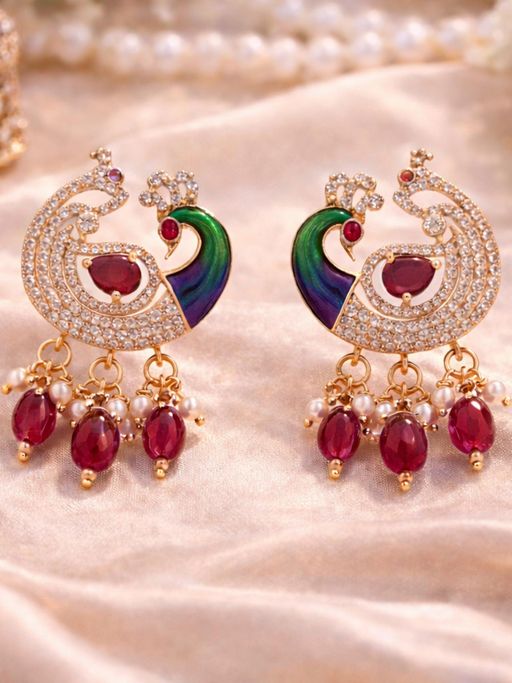 Estele Rose Gold Peacock Ruby Pink CZ Stones Earrings