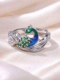 Estele - Rhodium Silver Peacock Emerald CZ Ring