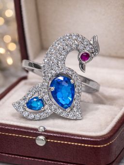 Estele - Rhodium Peacock Blue CZ Ring