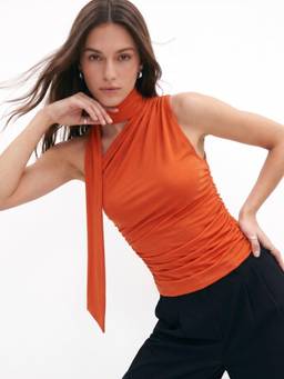 Outzidr - Orange Neck Tie Up One Shoulder Street Style Top