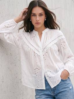 Outzidr - White Full Sleeves Schiffli Blouse