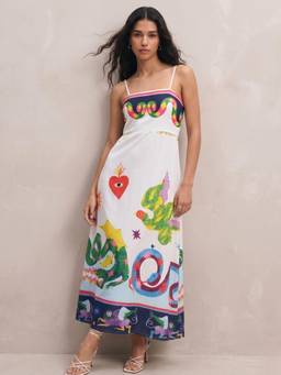 Outzidr - Off White Tropical Print Flared Maxi Vacay Dress