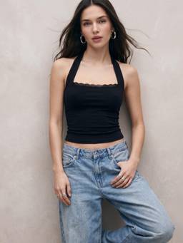 Outzidr - Black Halter Neck Fitted Vacay Top