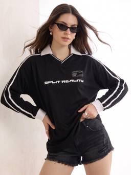 Outzidr - Black Cotton Varsity Oversized Street Wear T-Shirt