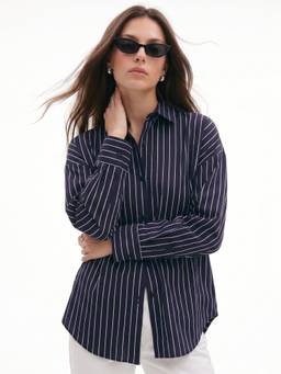 Outzidr - Navy Blue Srtiped Relaxed Street Style Shirt