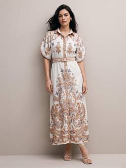 Outzidr - White Button Down Printed Shirt Party Dress