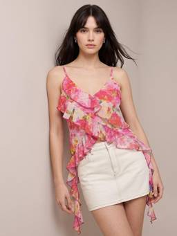 Outzidr - Pink Strappy Floral V Neck Vaca Camisole
