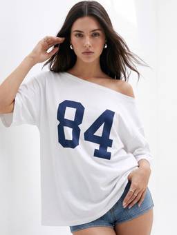 Outzidr - Street White Broad Shoulder Numeric Print T-Shirt
