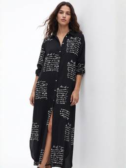 Outzidr - Black Conversational Printed Shirt Maxi Dress