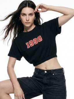 Outzidr - Black Boxy Cropped Elasticated Hem T-Shirt