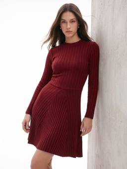 Outzidr - Burgundy High Neck Wide Spaced Rib Dress