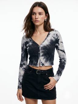 Outzidr - White Tie Dye Full Sleeve Front Button Crop Top