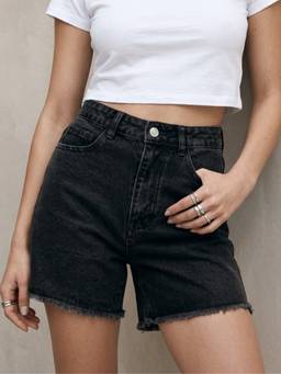 Outzidr - Black Denim Frayed Hem Shorts