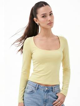 Outzidr - Yellow Scoop Neck Fitted Crop Top