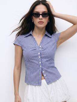 Outzidr - Women Navy Blue Collared Neck Stripes Shirt