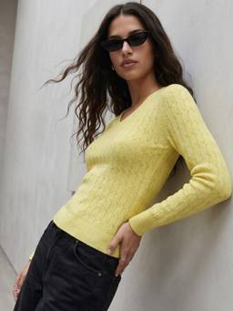 Outzidr - Yellow Full Sleeve V Neck Relaxed Sweaters