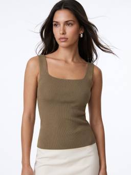 Outzidr - Khaki Solid/Plain Square Neck Sleeveless Top