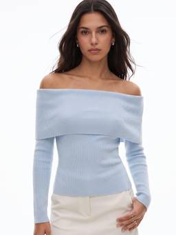 Outzidr - Blue Solid/Plain Off Shoulder Full Sleeves Top