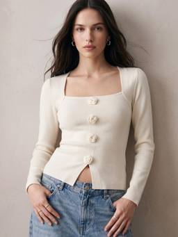 Outzidr - White Solid/Plain Square Neck Full Sleeves Top