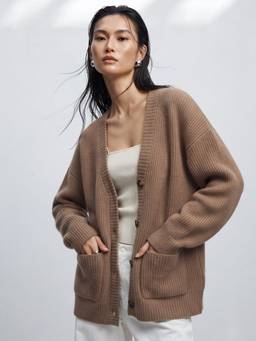 Outzidr - Brown Full Sleeve Double Pockets Slouchy Cardigans