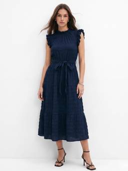 Outzidr - Navy Blue Short Ruffle Sleeve Mock Neck Dress with Belt