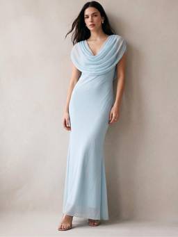 Outzidr - Blue Full Sleeve Cowl Neck Midi Stress