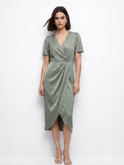 Outzidr - Sage Green Short Sleeve V Neck Wrap Dress