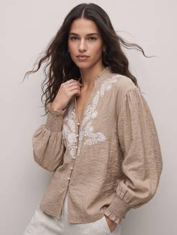 Outzidr - Bishop Sleeve V Neck Embroidered Khaki Top
