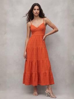 Outzidr - Orange Shoulder Strap Back Bow Tiered Maxi Dress