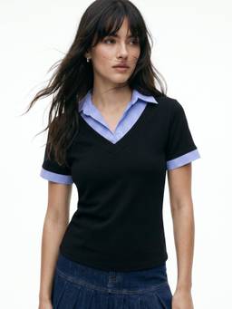 Outzidr - Short Sleeve Contrast Collar Fitted Black Top