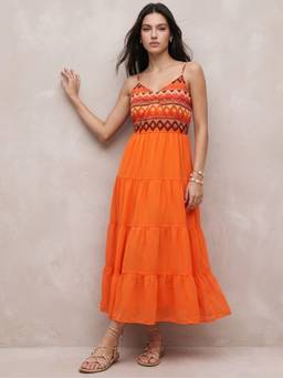 Outzidr - Orange Shoulder Strap Back Bow Tiered Midi Dress