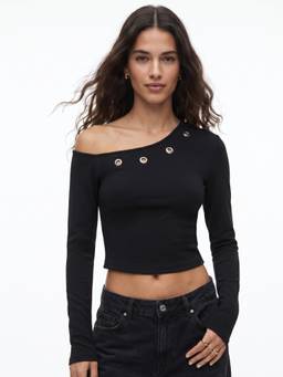 Outzidr - Black One-Shoulder With Metal Eyelet Detail Knit Top
